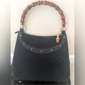 Gucci Anita bamboo top handle canvas bag in black